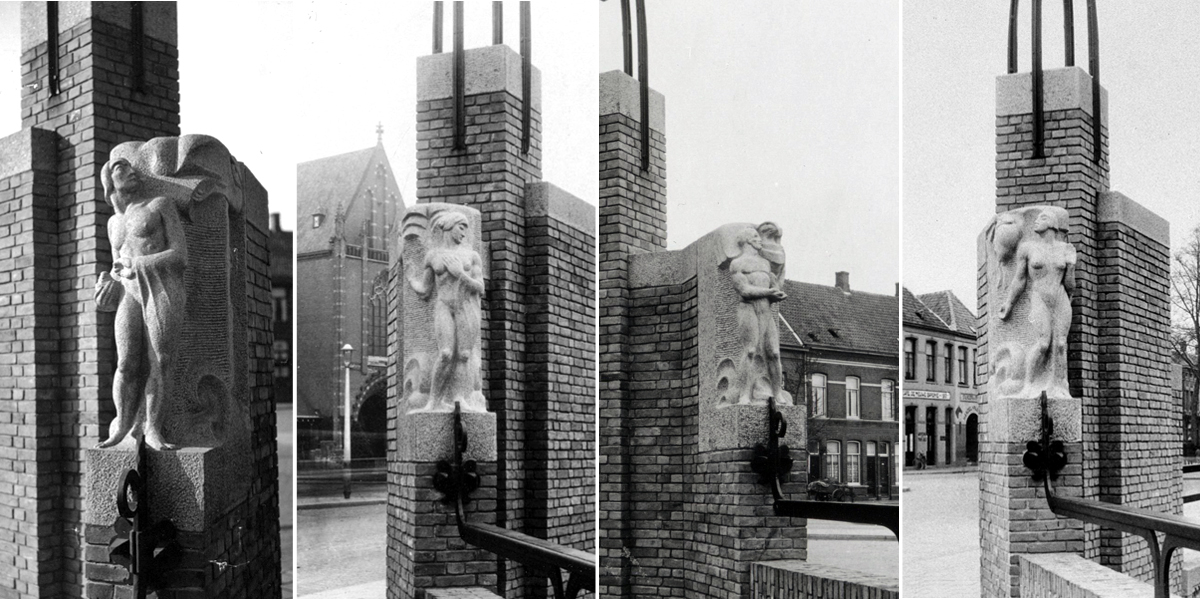 De vier standbeelden die Theo van Reijn in de zomer van 1928 op de brug uit Saksisch graniet hakte. De koperen lantaarns, die niet van zijn hand waren, zijn na 1966 zoekgeraakt.