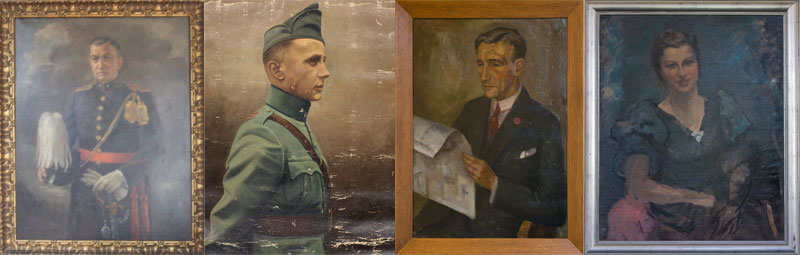 Links: Piet de Kort, geschilderd door Windhausen, ca 1938. Links (midden): Frans Brejaart. Rechts (midden): Aardrijkskundeleraar Piet Bogers, geportretteerd door Windhausen. Rechts: Windhausens portret van Jel van der Sande, ca 1938.