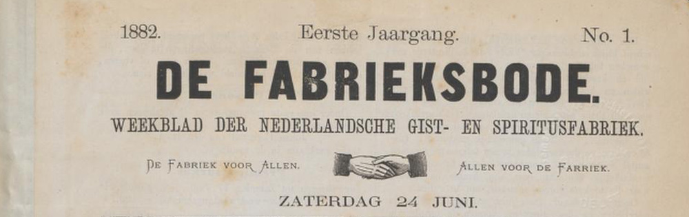 Titelblad van de eerste uitgave van De Fabrieksbode, 1882. 