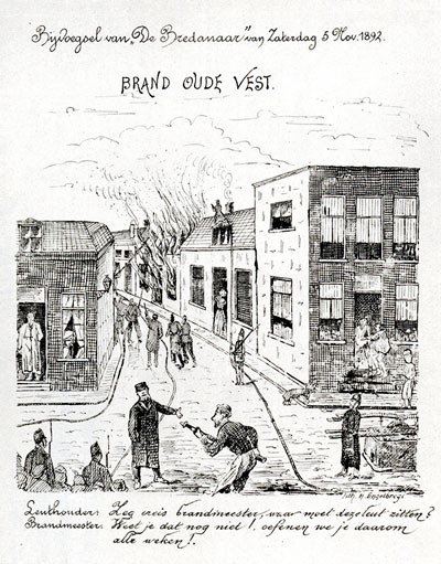 Brand, brand, brand in het bordeel. Spotprent uit 1892 op het functioneren van de brandweer, naar aanleiding van een fik in een ‘publiekshuis’ op de Oude Vest in november van dat jaar.