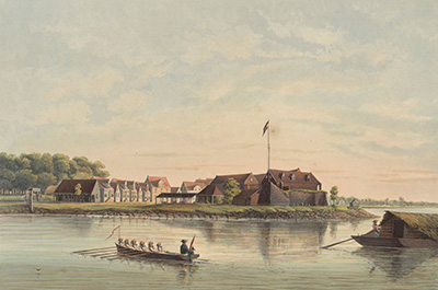 Fort Zeelandia te Paramaribo op een 19e-eeuwse aquarel 