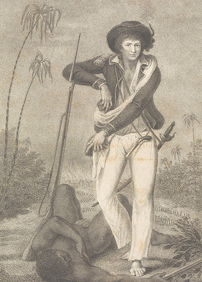 John Stedman, in zijn boek door Francesco Bartolozzi  geportretteerd als kapitein in Suriname. 
