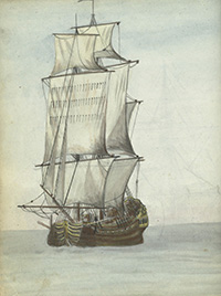 West-Indiëvaarder onder zeil, aquarel van Jan Brandes, ca 1780 