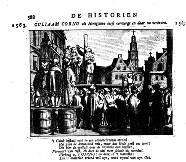 een openbare executie aan de wurgpaal in de 16e-eeuwse Nederlanden