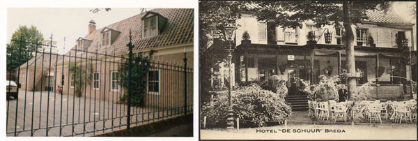 Links: De Bondsspaarbankpandjes achter het huidige adres Catharinastraat 21. Rechts: Het ‘Valkenbergterras’ van het voormalige Hotel De Schuur (destijds Catharinastraat 17-19) in 1925.
