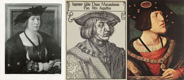 Graaf Hendrik III van Nassau (links) ontving in Breda de Habsburgse keizers Maximiliaan I (midden, houtsnede Albrecht Dürer 1518) en Karel V (paneel Bernaert van Orley 1519).