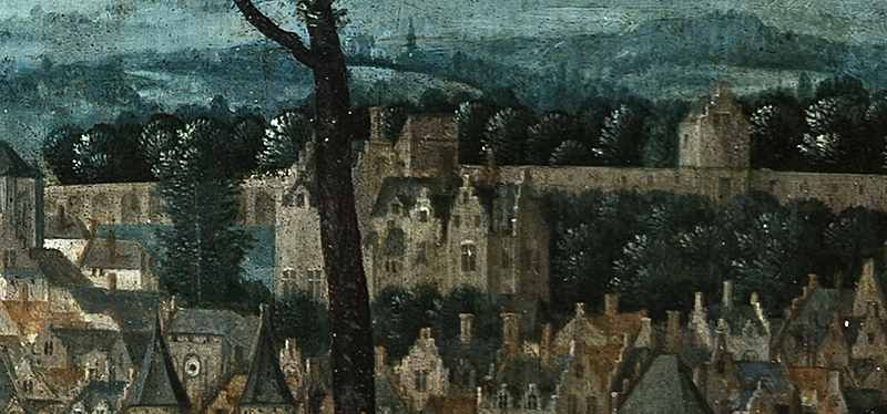De enige eigentijdse afbeelding van de Huysinghe Valkenbergh. Uitsnede uit Breda’s oudste stadspanorama ca. 1520.