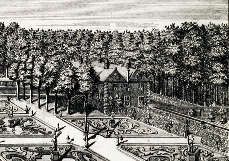 Huis Pergamont  tussen de bomen en sierperken van de kasteeltuin in 1743