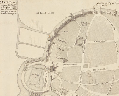 Gedeelte van de plattegrond van Breda anno 1300 uit Th. Van Goor.